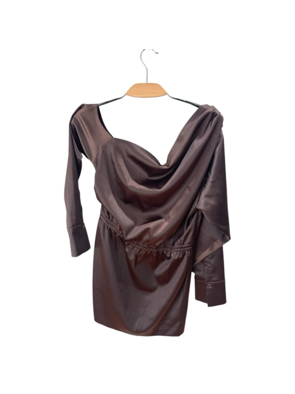 NEW Manière De Voir Dark Chocolate Brown Off Shoulder Satin Dress Size 42/ US 10 - Picture 5 of 11